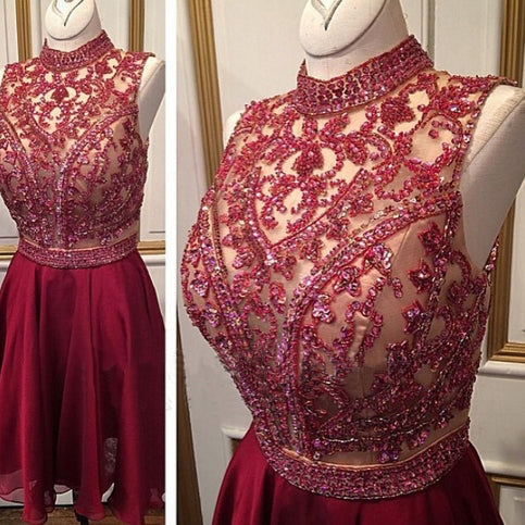 A-Line High Yaritza Homecoming Dresses Neck Burgundy Chiffon Short 2024 with Beading Sequins