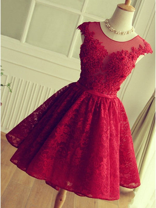 Imani A-Line Homecoming Dresses Jewel Cap Sleeves Red Lace Short 2024 with Beading