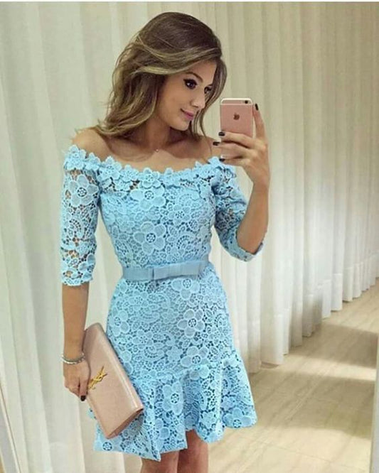Homecoming Dresses Sheath Off-the-Shoulder Above-Knee Blue Raegan Lace 2024 with Sashes