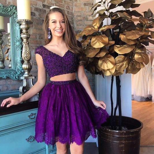 Alula Two Piece V-Neck Beading Purple Homecoming Dresses 2024 with Lace