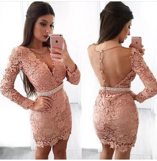 Homecoming Dresses Sheath V-Neck Long Sleeves Blush Lace 2024 with Daisy Pearls
