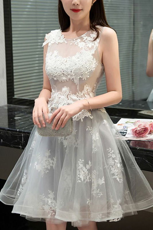 A-Line Jewel Sleeveless Light Gray Tulle Kirsten 2024 with Homecoming Dresses Appliques