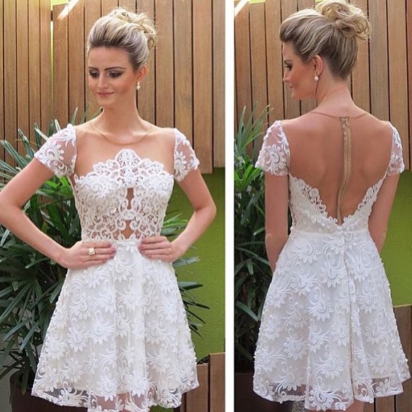 Princess/A-Line Jewel Short Sleeves White Lace Homecoming/Prom Maddison Dresses with Illusion Homecoming Dresses Back