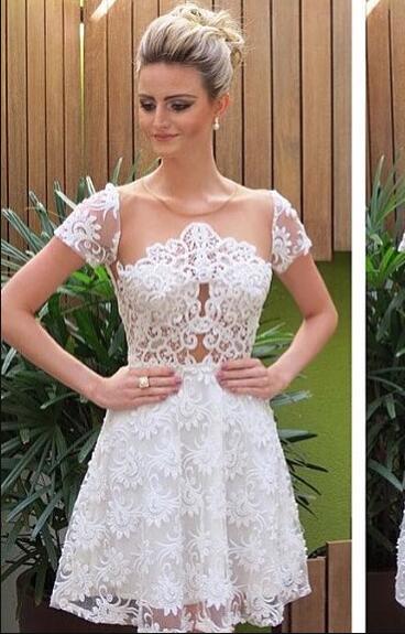 A-Line Jewel Aniyah Short Sleeves White Lace Homecoming Dresses 2024 with Illusion Back