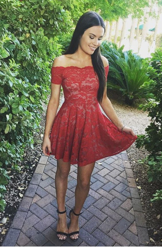 A-Line Off-the-Shoulder Short Sleeves Danna Homecoming Dresses Short Red Lace 2024