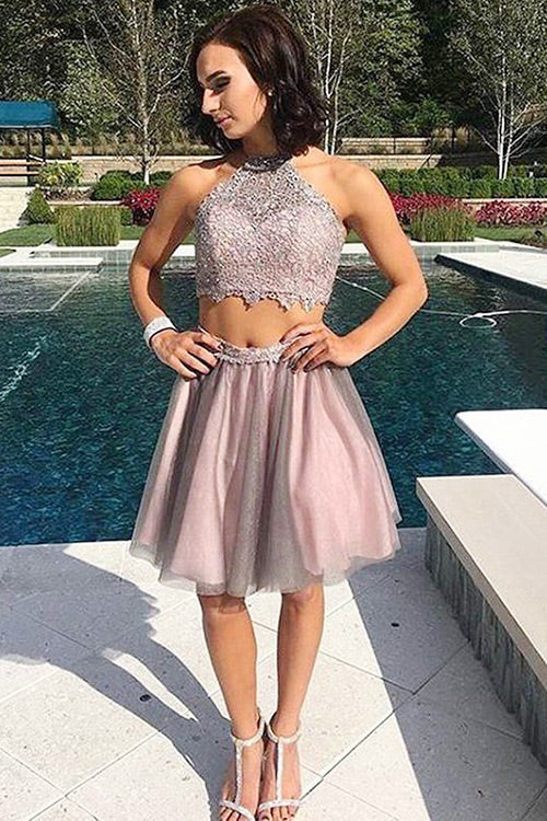 Two Piece Jewel Open Whitney Back Homecoming Dresses Short Blush Tulle Homecoming/Prom Dresses