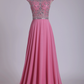 Scoop Prom Dresses Cap Sleeves A Line With Beading Sweep Train