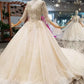 Lace Wedding Dresses Scoop 3/4 Sleeves Lace Up Back Royal Train