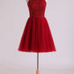 Halter Homecoming Dresses A-Line Tulle Short/Mini Beaded Bodice Burgundy/Maroon