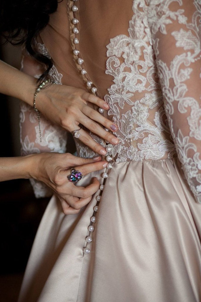 2024 A-Line Lace 3/4 Sleeve Pockets Scoop Satin Button Floor-Length Wedding Dress