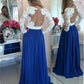 V Neck Prom Dresses A Line Chiffon With Applique Sweep Train Dark Royal Blue