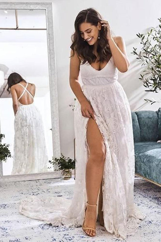 Elegant A Line V Neck Lace Ivory Beach Wedding Dresses with Slit, Bridal Gowns SRS15579