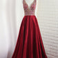 A Line V Neck Satin With Beading Open Back Sweep Train Prom Dresses