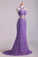 Popular Mermaid High Neck Prom Dresses Lace With Beads Sweep Train Purple