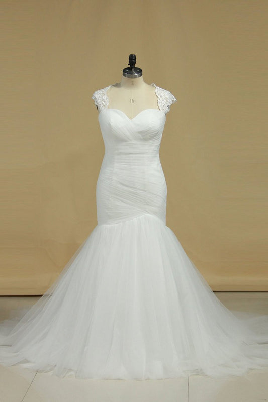 2024 Tulle Sweetheart Ruffled Bodice Mermaid Lace Up Wedding Dresses