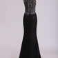 New Arrival Scoop Prom Dresses Mermaid Beaded Bodice Sweep Train Lace