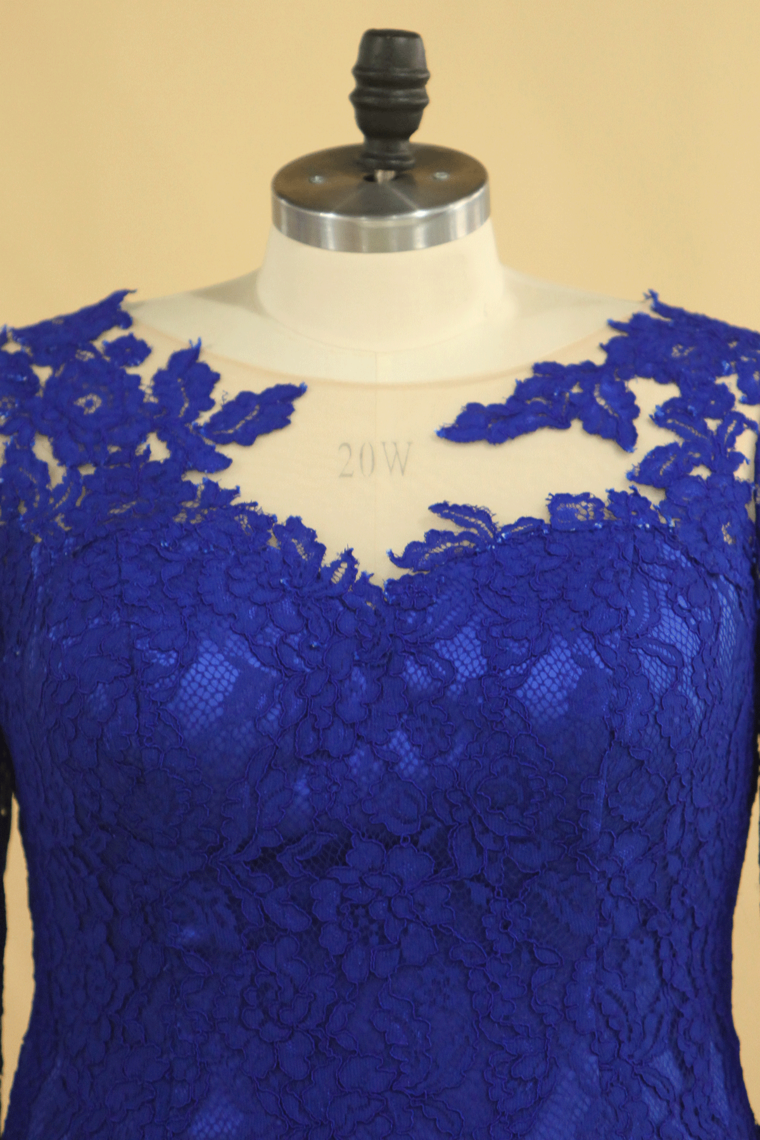 2024 Plus Size Mother Of The Bride Dresses Scoop 3/4 Length Sleeve Lace With Applique Dark Royal Blue