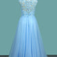 A Line V Neck Tulle Prom Dresses With Applique And Beads Floor Length