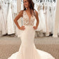 Elegant Mermaid V Neck Satin Wedding Dresses with Lace