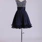 Straps A Line Mini Prom Dress Beaded Bodice With Pleated Waistband Chiffon