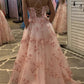 Lace Appliques Pink A Line Tulle Formal Evening Dresses Long Prom Dresses