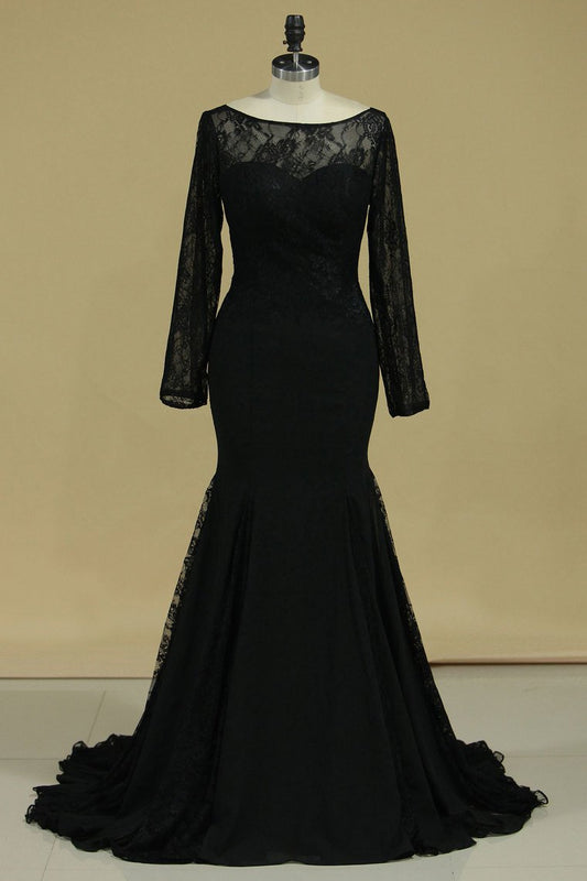 2024 Black Sexy Open Back Long Sleeves Mother Of The Bride Dresses Mermaid Chiffon & Lace