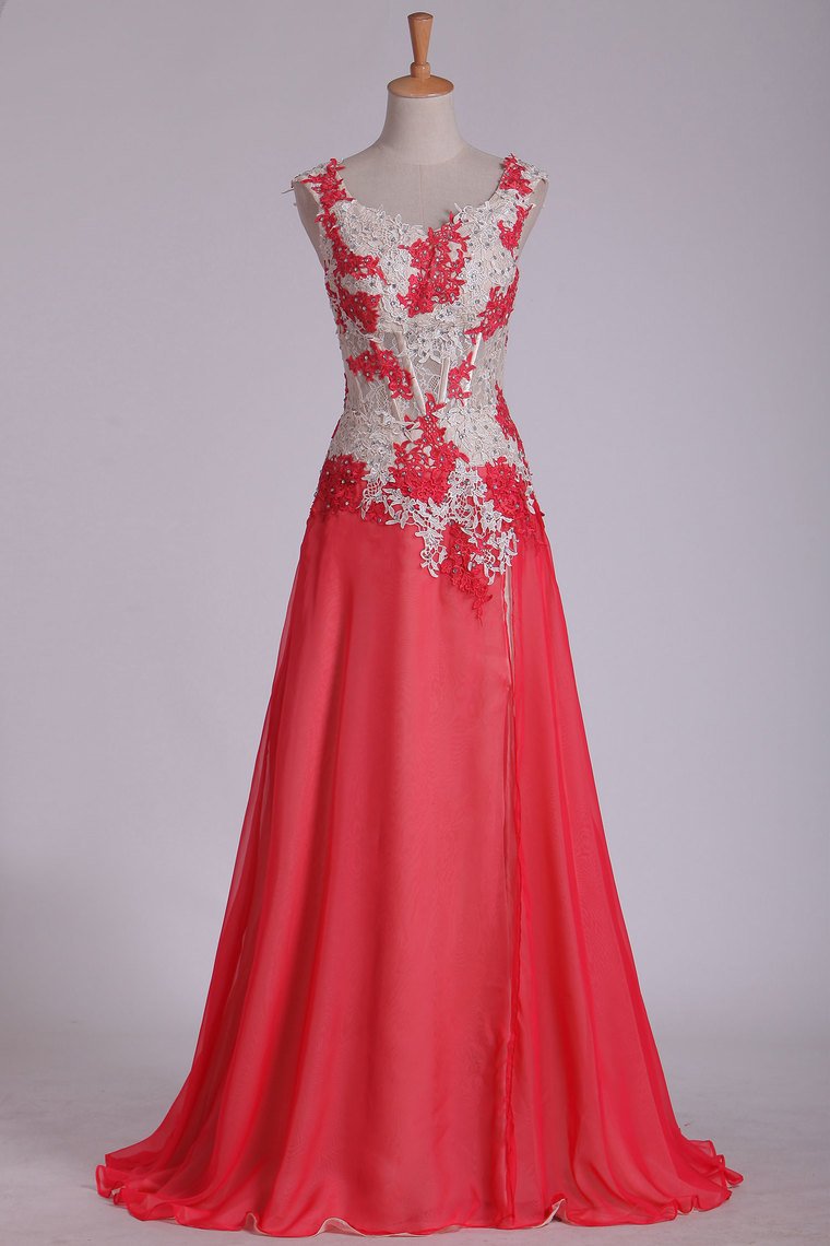 Straps Prom Dresses A Line Chiffon With Applique And Beads Sweep Train