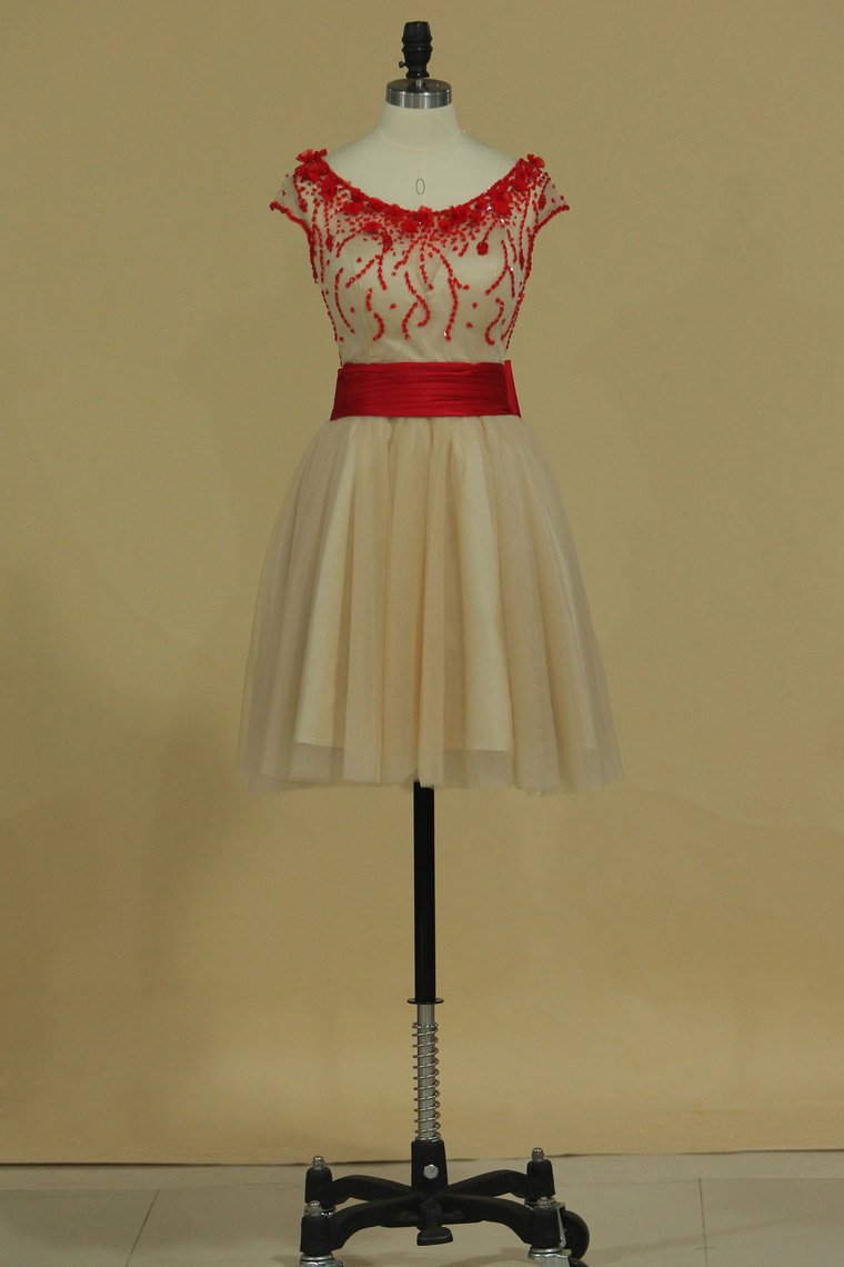 A Line Homecoming Dresses Scoop Tulle With Beads And Bow Knot