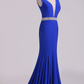 Open Back Column Prom Dresses V Neck Dark Royal Blue Beaded Waistline Sweep Train