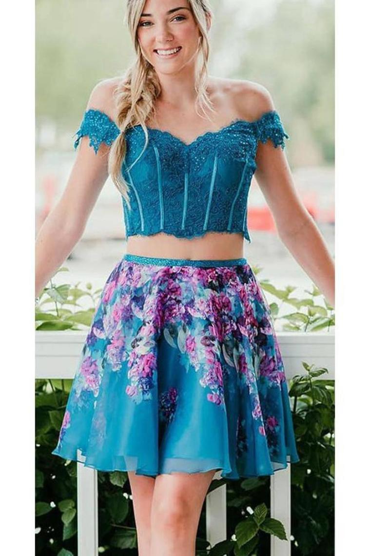 Two Piece Off Shoulder Beading Floral Homecoming Dresses