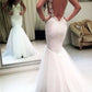 Elegant Mermaid White V Neck Appliques Wedding Dresses, Tulle Beach Wedding Gowns SRS15183