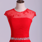Scoop Neckline Ruffled Prom Dress Short Lace Sleeves With Shirred Chiffon Skirt