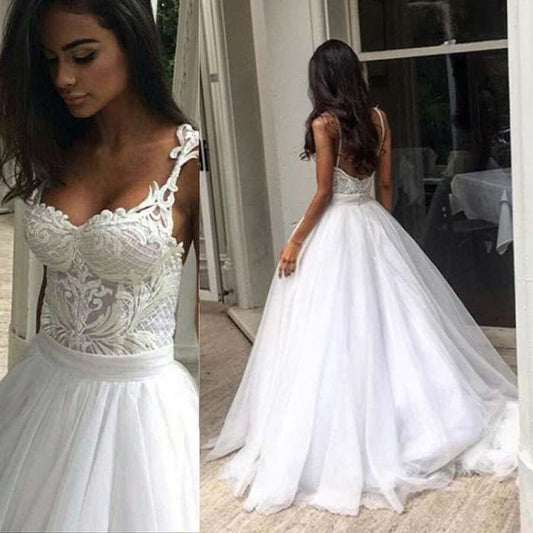 Elegant Sweep Train Backless Wedding Dress Lace Top Spaghetti Straps Bridal Dresses