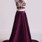 Two Pieces A Line Scoop Beaded Bodice Prom Dresses Satin & Tulle Sweep Train Grape