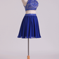 Two Pieces High Neck A Line Prom Dresses Chiffon With Beading Mini Dark Royal Blue