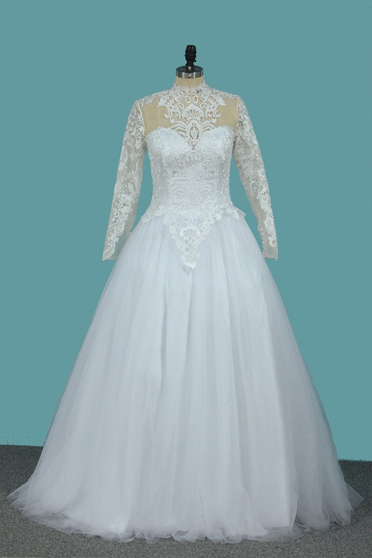 A Line Long Sleeves High Neck Tulle With Applique Chapel Train Detachable Wedding Dresses