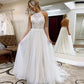 A Line Halter Tulle Wedding Dress with Top Lace, Backless Beach Wedding Dresses SRS15547