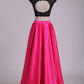 Two Pieces Prom Dresses Scoop Open Back Satin & Lace A Line