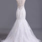 2024 Scoop Wedding Dresses Mermaid/Trumpet Sweep Train Tulle With Applique And Beads