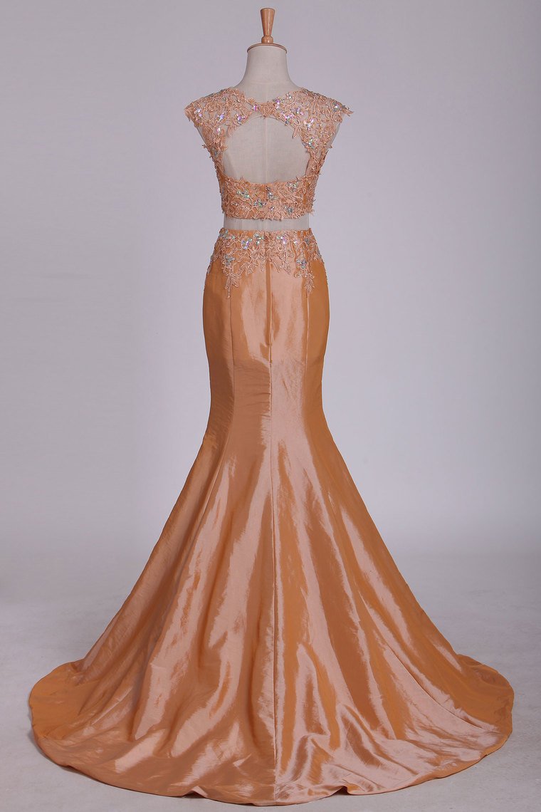 Taffeta Two Pieces Prom Dresses Bateau Mermaid With Beading And Applique Sweep Train