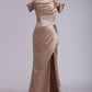 Off The Shoulder Elastic Satin With Slit And Ruffles Sheath Evening Dresses