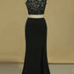 High Neck Two-Piece Spandex  Sheath With Beads And Applique Open Back Prom Dresses
