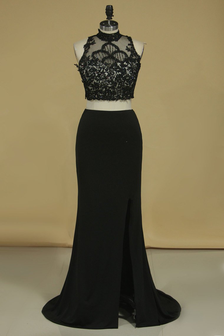High Neck Two-Piece Spandex  Sheath With Beads And Applique Open Back Prom Dresses