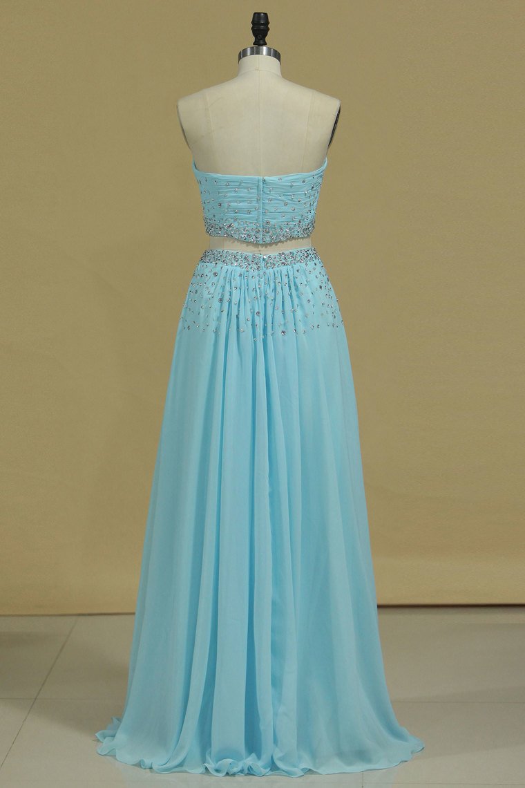 Two Pieces Sweetheart Prom Dresses Chiffon With Beads And Ruffles A Line