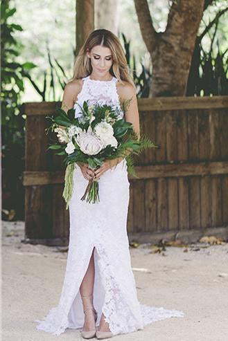 2024 Open Back Sleeveless Lace Halter Mermaid Slit Beach Wedding Dress White Bridals SRS10091
