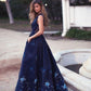 Vintage A-Line Deep V-Neck Navy Blue Sleeveless Prom Dresses with Appliques Pockets JS403