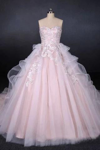 Ball Gown Strapless Sweetheart Wedding Dresses with Lace Applique, Tulle Prom Dresses SRS15070