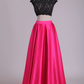 Two Pieces Prom Dresses Scoop Open Back Satin & Lace A Line