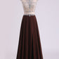 Scoop Prom Dresses A Line Beaded Bodice Chiffon & Tulle With Slit Color Chocolate