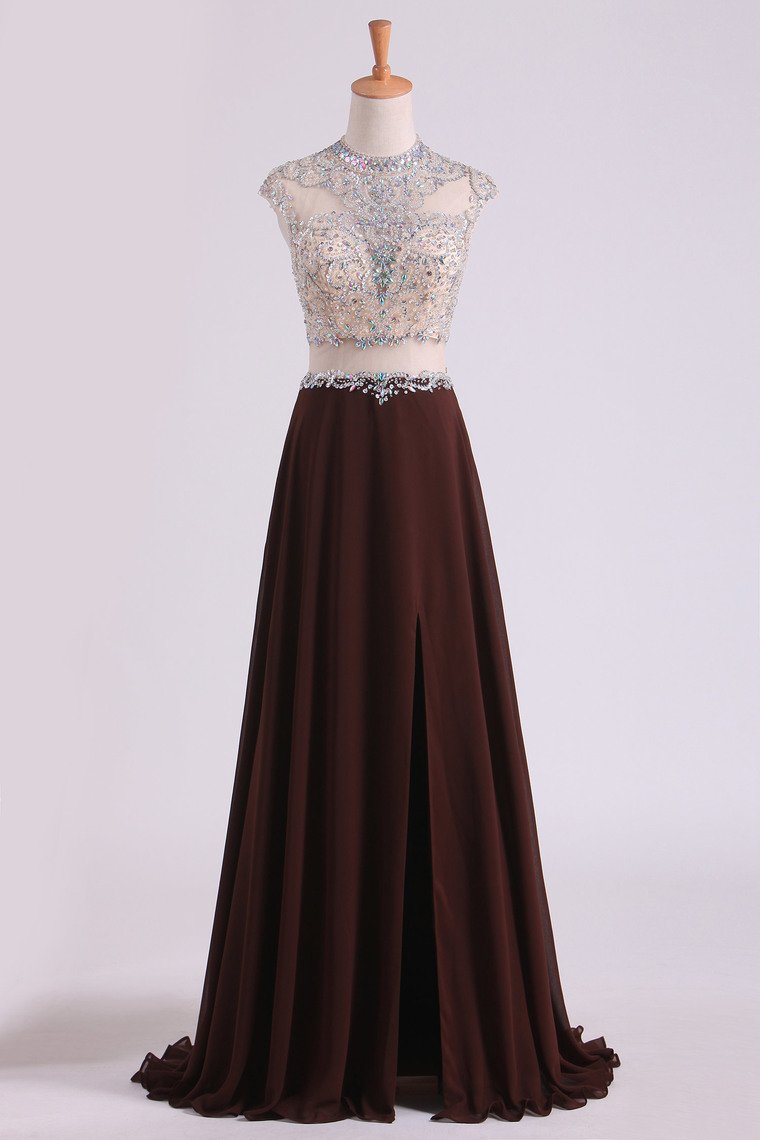 Scoop Prom Dresses A Line Beaded Bodice Chiffon & Tulle With Slit Color Chocolate